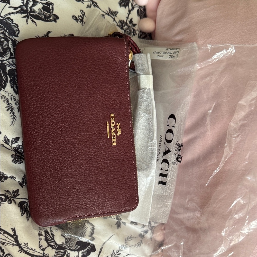 Coach Wine Leather Wristlet with Gold Accents